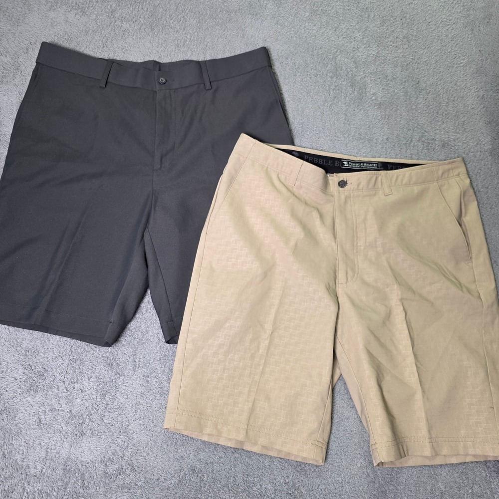 Pebble Beach & Kirkland Mens 36 Golf Shorts Tan Grey Performance Stretch Bundle‎